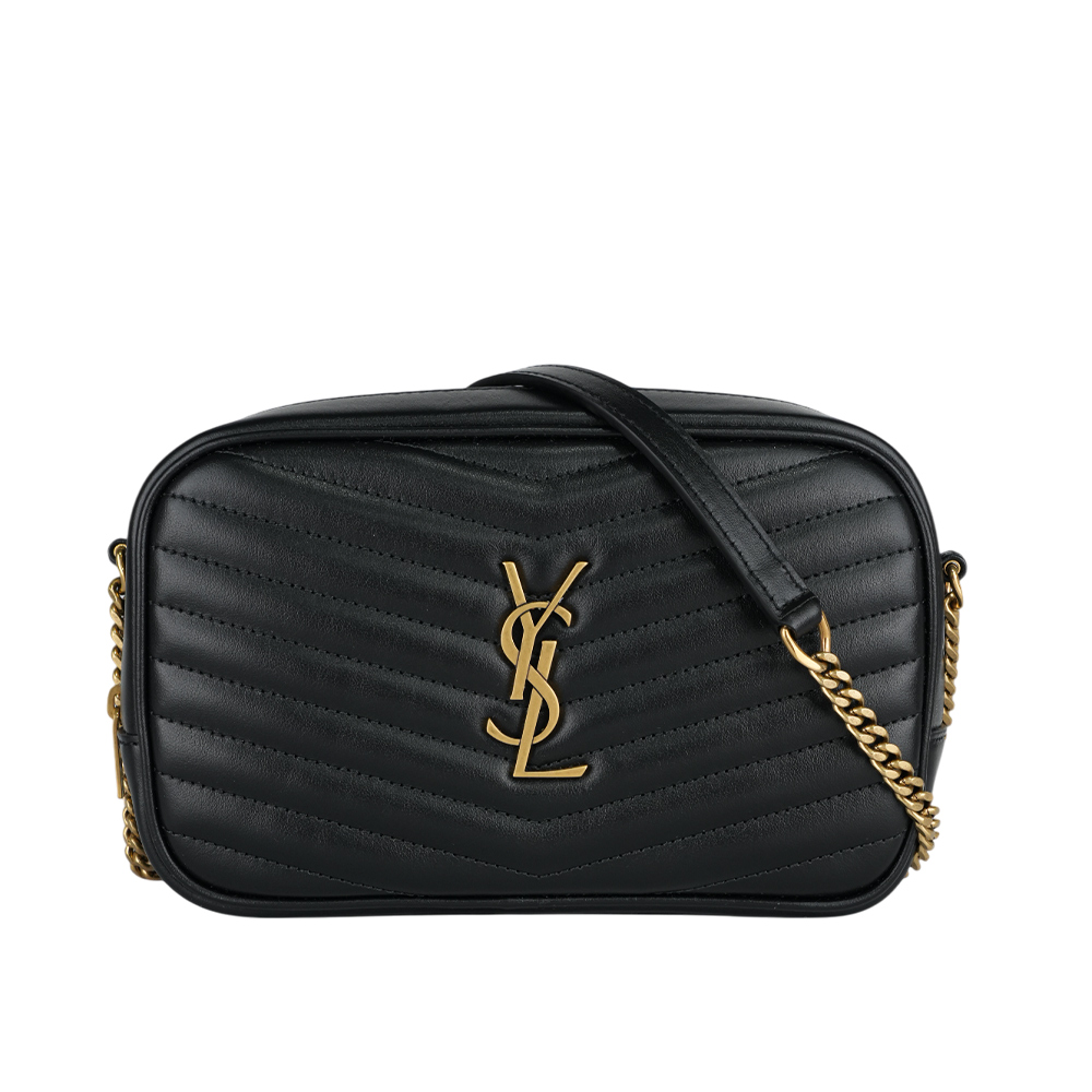 YSL 聖羅蘭 Mini Lou 金字V紋小牛皮相機包/斜背包(黑色)