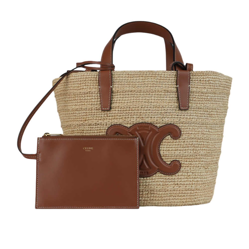 CELINE Teen Classic Panier 小牛皮標誌二用草編包(焦糖色) 115802FF7.04LU