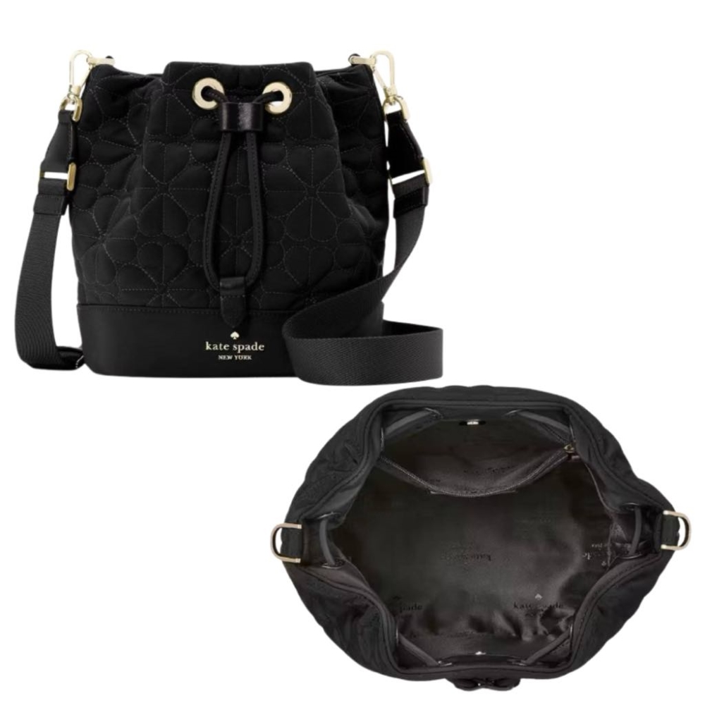 【KATE SPADE】新款 小香風 金標 束口迷你水桶包/斜揹包 -氣質黑