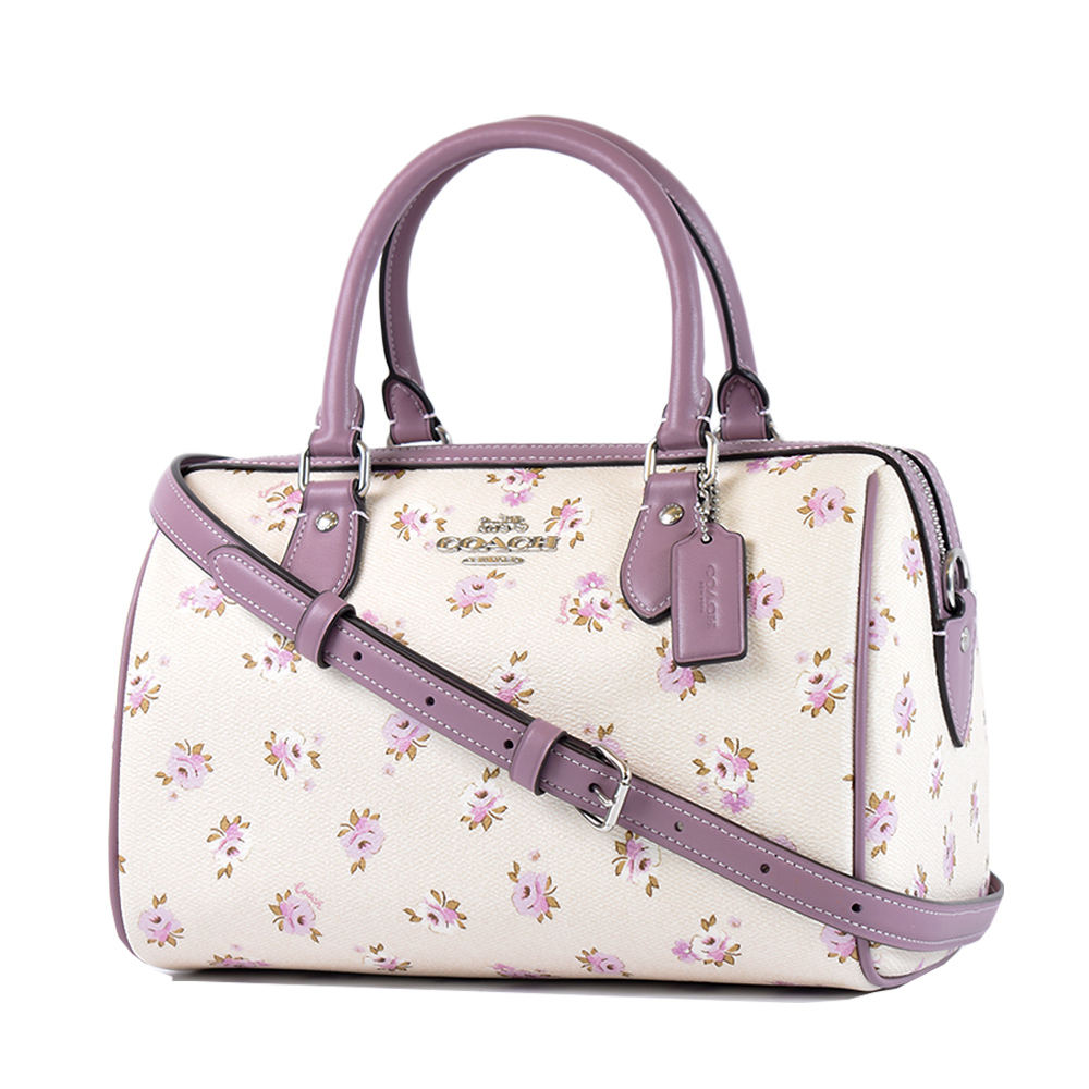 COACH 銀字花卉防刮手提/斜背二用寬背帶波士頓包-莫蘭迪紫