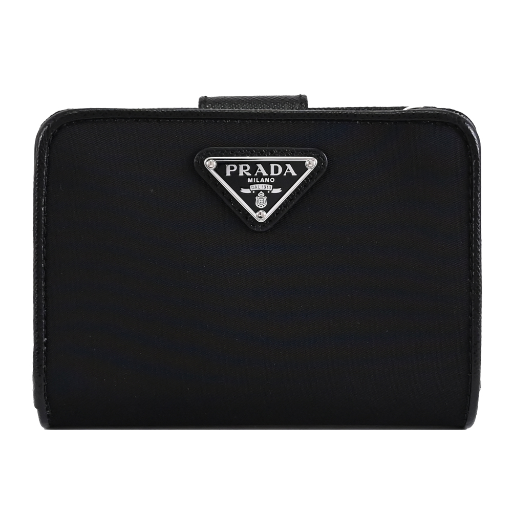 PRADA 普拉達 三角LOGO尼龍皮飾邊釦式短夾.黑/銀