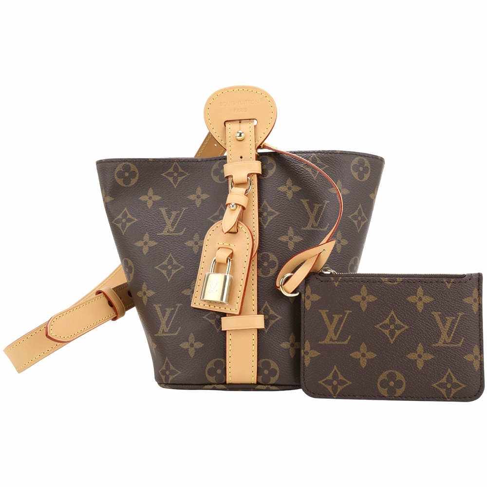 Louis Vuitton LV路易威登 M12925 All In BB 老花牛皮帆布鎖頭吊飾多揹法水桶包(附萬用包/咖啡色)