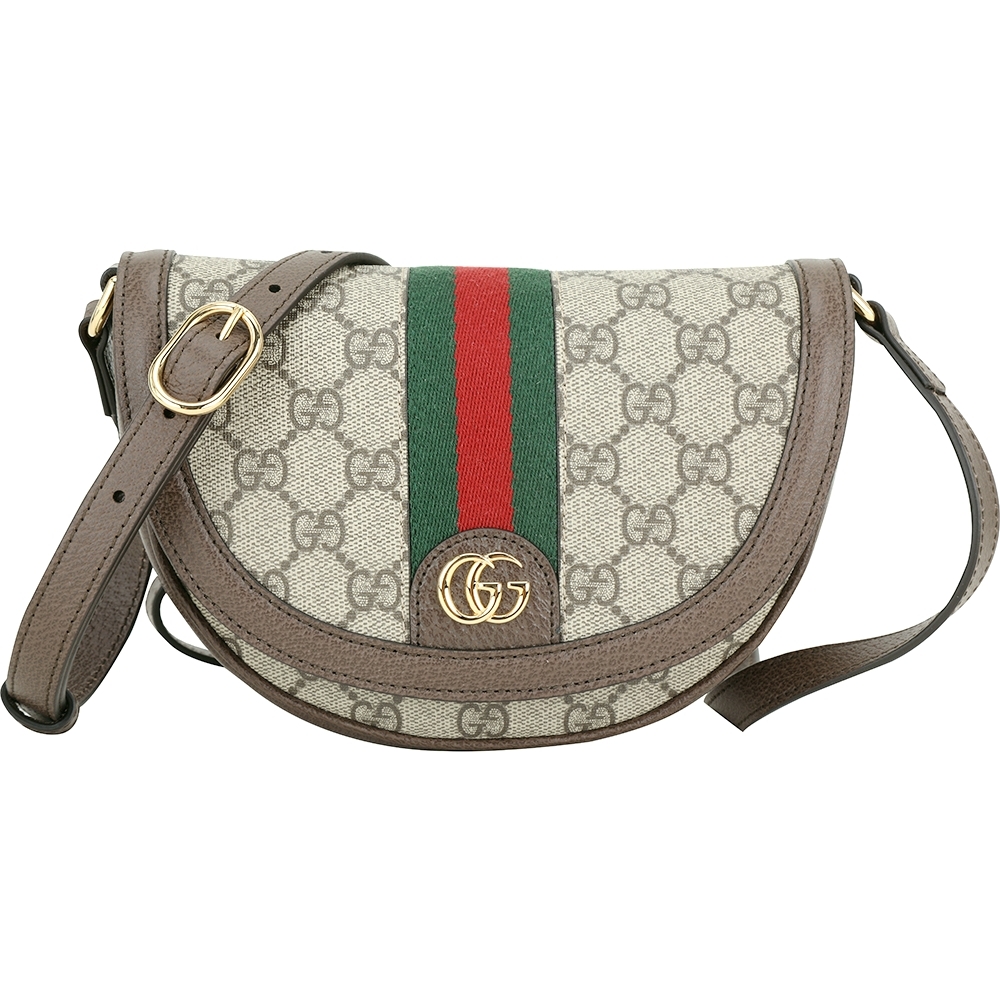 GUCCI古馳 Ophidia GG Superme 綠紅綠織帶斜背馬鞍包，以品牌經典緹花為設計靈感，完美詮釋復古時髦風格。迷你尺寸搭配烏木色包體，織帶設計增添視覺層次，輕便實用且具高辨識度，是時尚愛好者的必備配件。