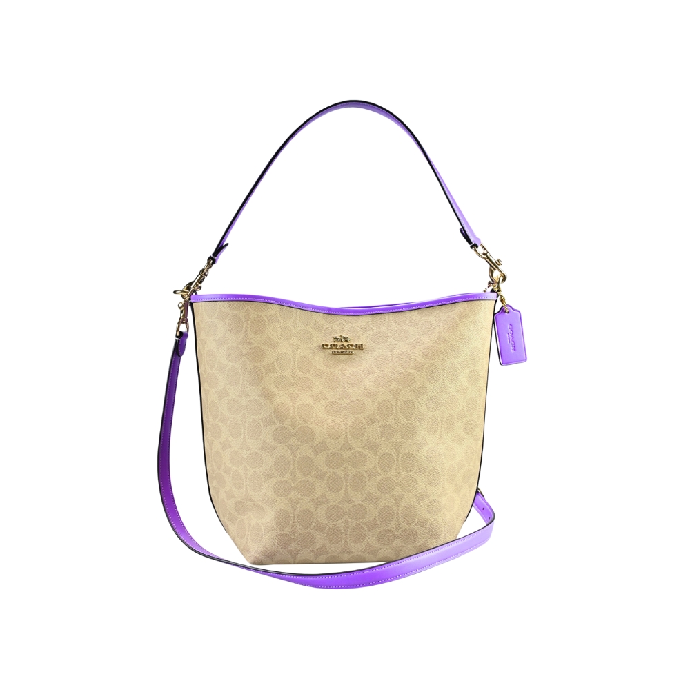 COACH City 沙色C LOGO PVC菖蒲紫邊斜背水桶包