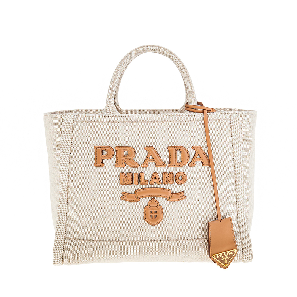 PRADA 普拉達 新款立體皮革PRADA字體輕盈亞麻混紡手提袋/托特包 (米色)