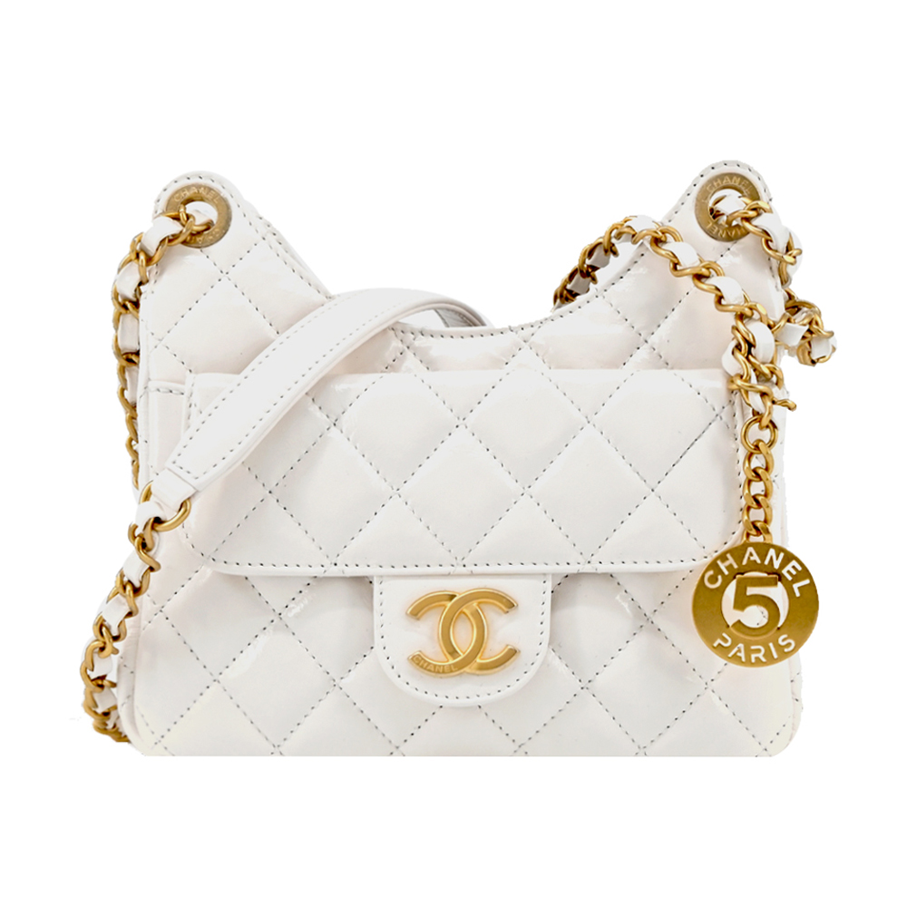 CHANEL 香奈兒 Hobo Bag 經典雙C LOGO菱格紋小牛皮流浪包(白色)