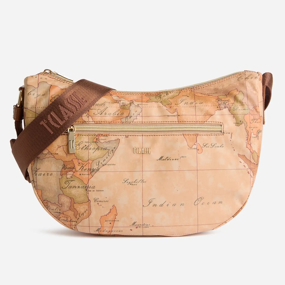 Alviero Martini 【 義大利地圖包】超輕量尼龍 弧型休閒側背包33cm-地圖黃x咖啡色