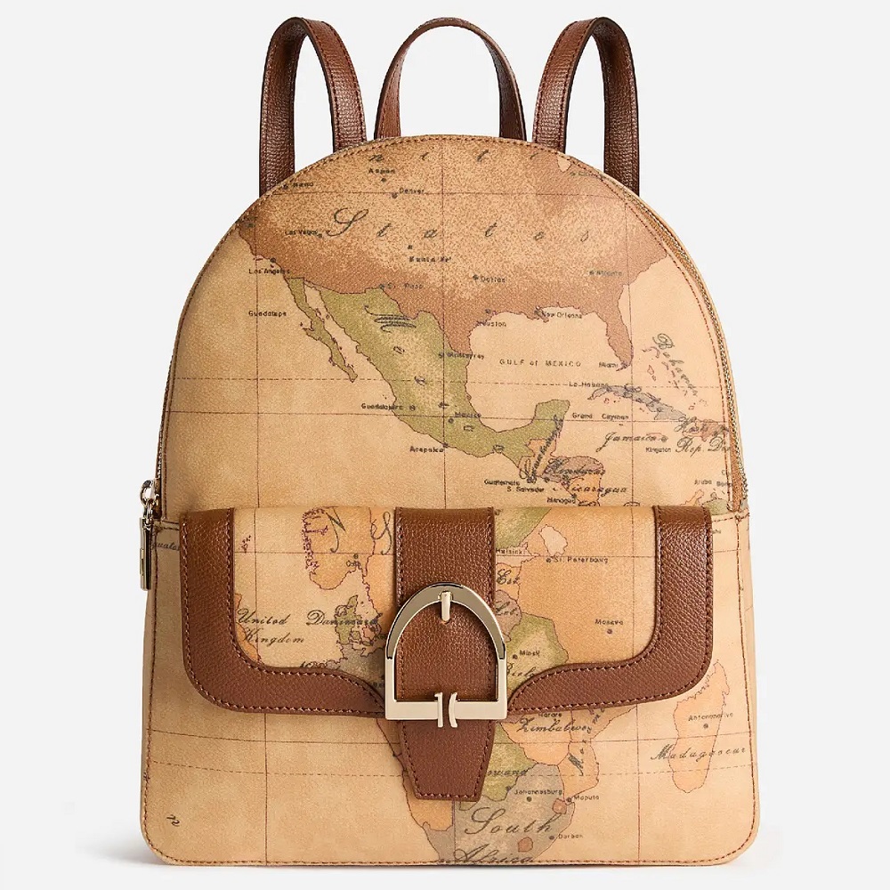 Alviero Martini 【 義大利地圖包】皮革釦環裝飾 拉鍊雙層後背包30cm-地圖黃x咖啡色