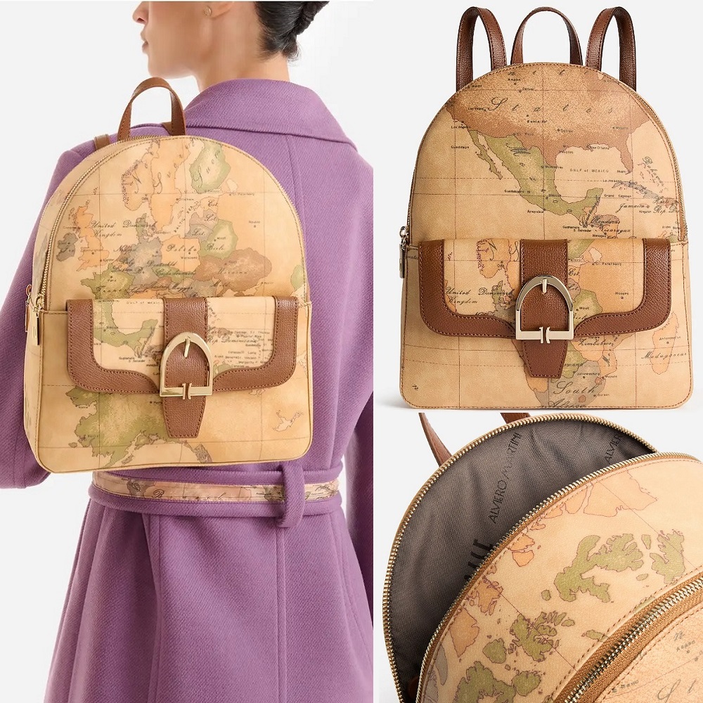 Alviero Martini 【 義大利地圖包】皮革釦環裝飾 拉鍊雙層後背包30cm-地圖黃x咖啡色