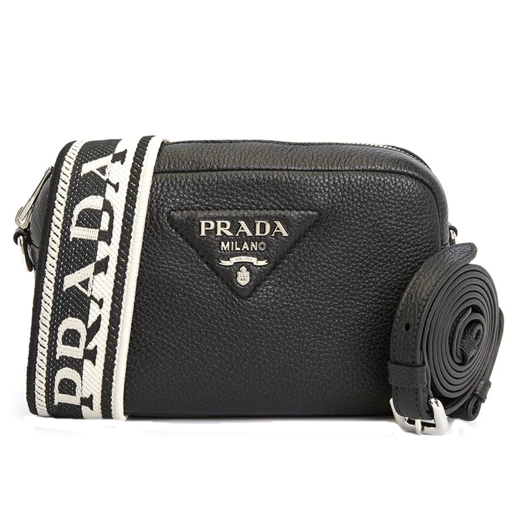 PRADA 普拉達 荔枝牛皮三角LOGO可換背帶斜背相機包(黑色)