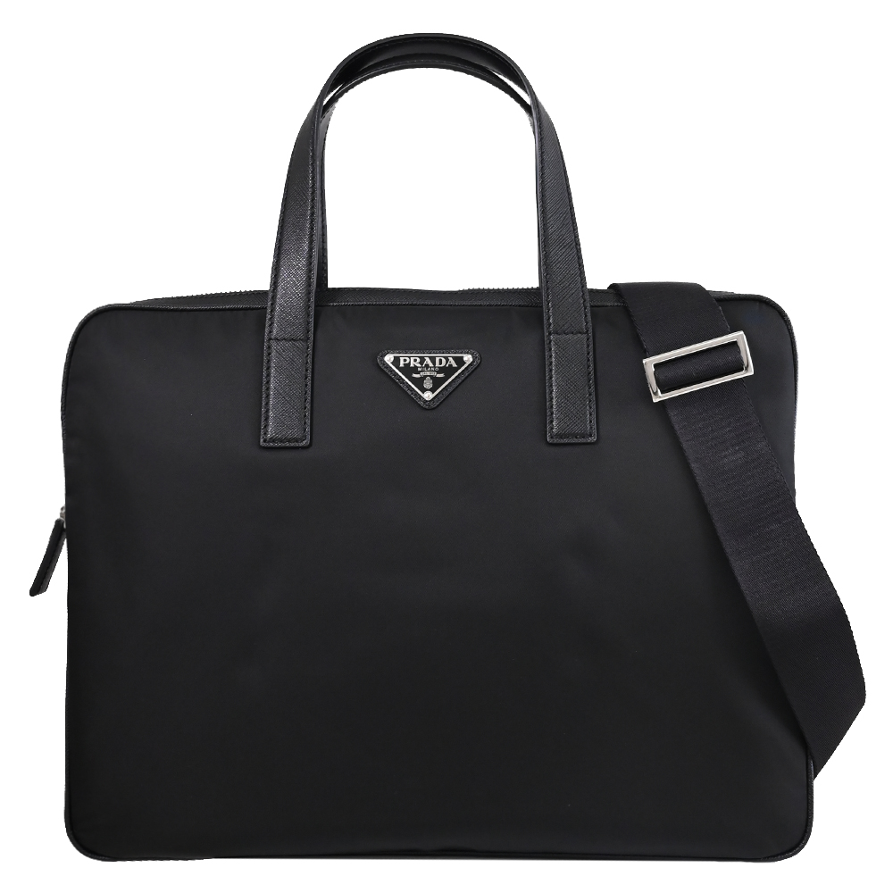 PRADA 普拉達 Re-Nylon Saffiano 三角LOGO兩用公事包.黑