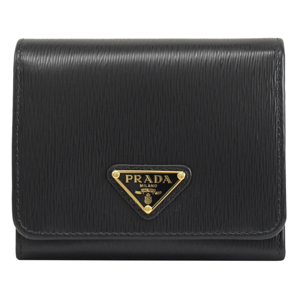 PRADA 普拉達 浮雕LOGO水波紋三折扣式短夾.黑