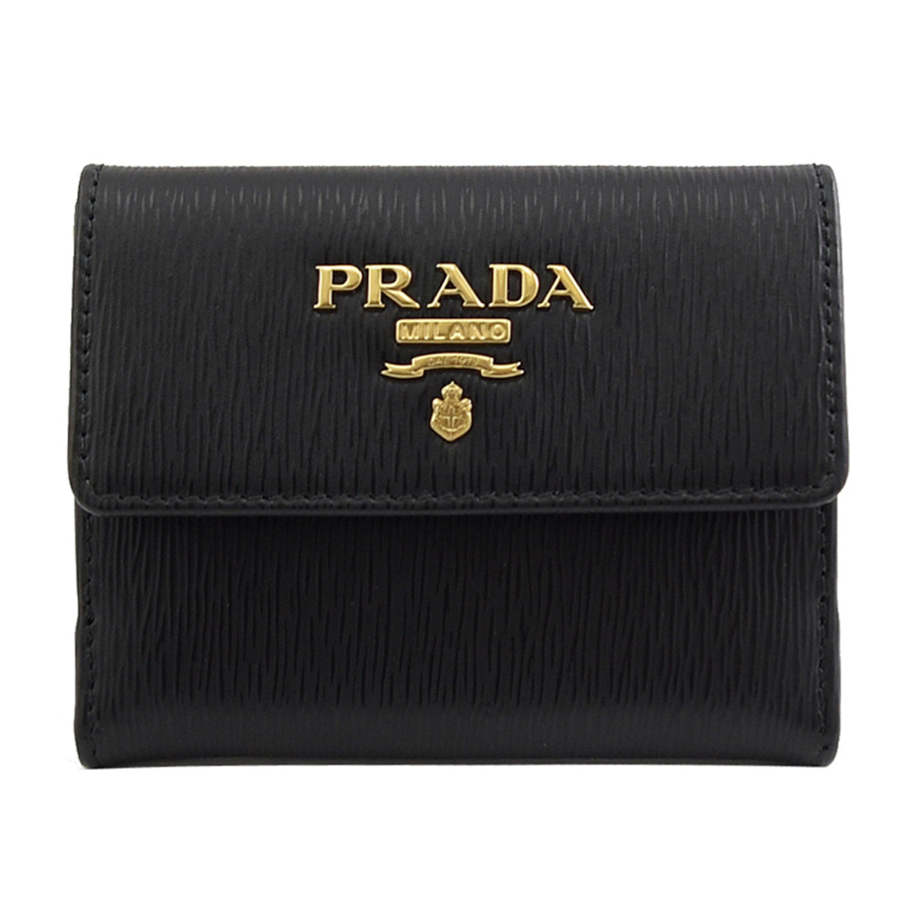 PRADA 普拉達 浮雕LOGO水波紋對開扣式迷你短夾.黑
