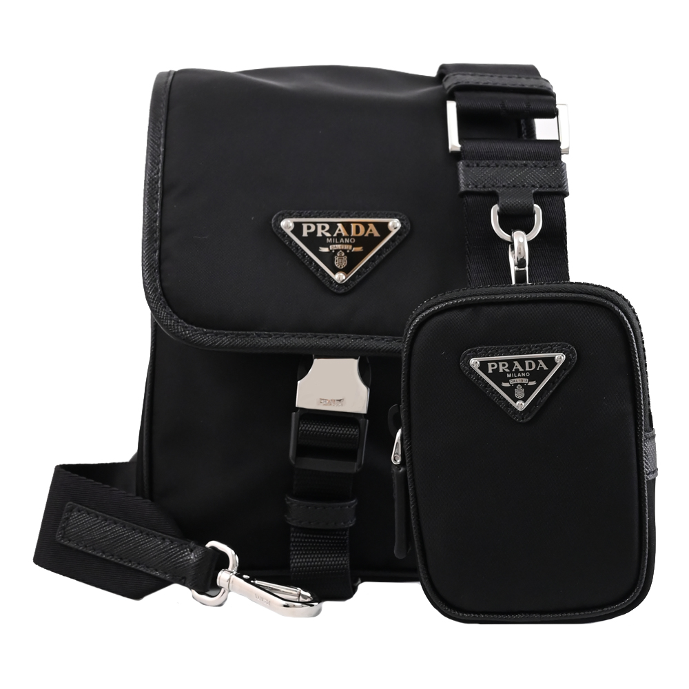 PRADA 普拉達 三角LOGO尼龍二合一翻蓋斜背小包.黑