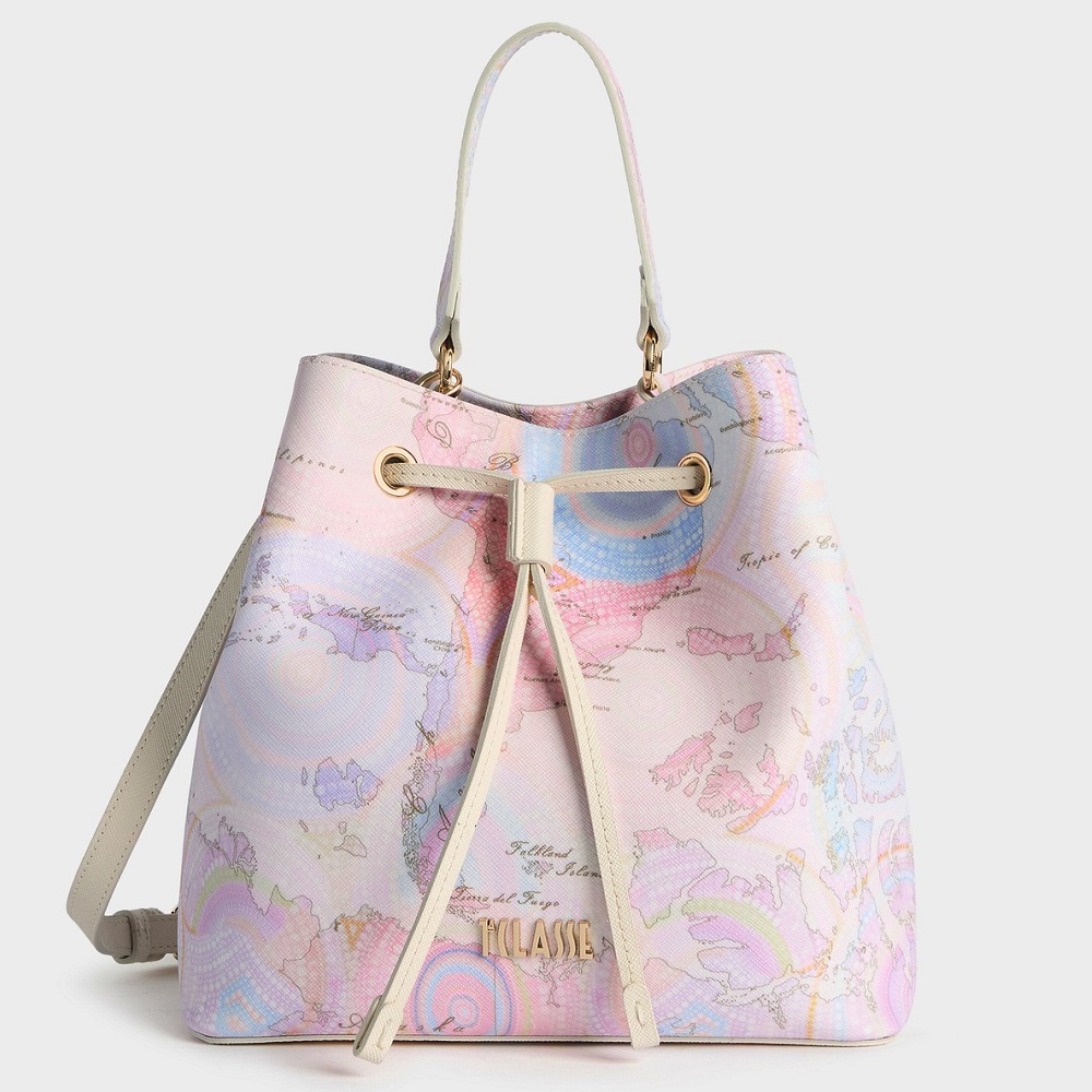 Alviero Martini 【 義大利地圖包】螺旋圖騰雲彩水桶包25cm-柔粉色