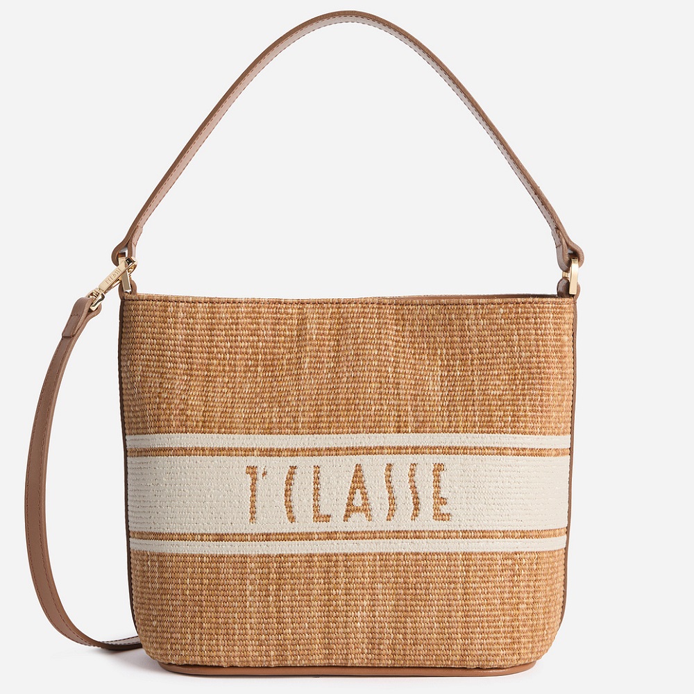 Alviero Martini 【 義大利地圖包】渡假編織側揹水桶包21cm-咖啡色