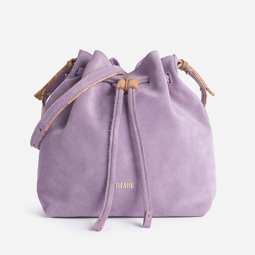 Alviero Martini 【 義大利地圖包】小牛麂皮束口側揹水桶包22cm-紫色