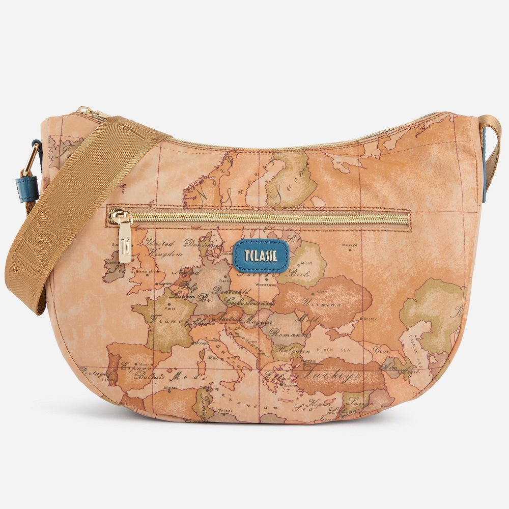 Alviero Martini 【 義大利地圖包】超輕量尼龍 弧型休閒大側背包40cm-地圖黃x藍綠色