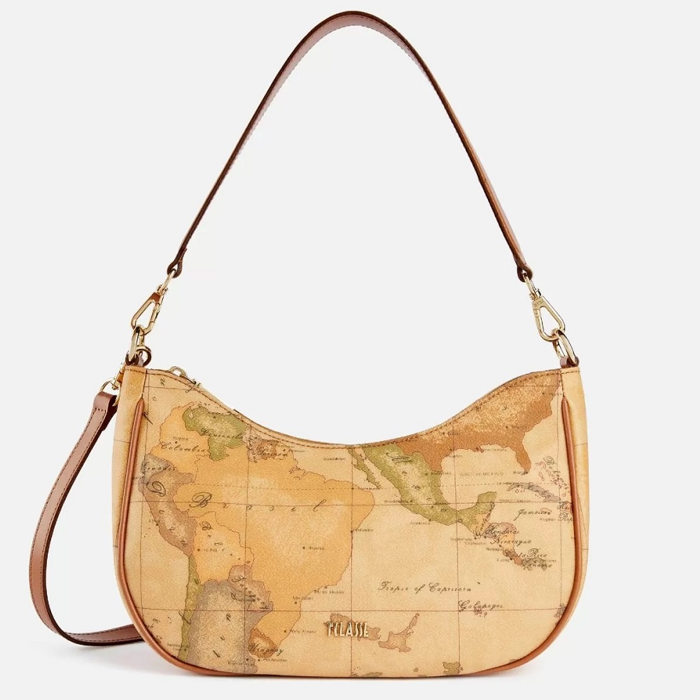 Alviero Martini 【 義大利地圖包】半月手提側背包27cm-地圖黃