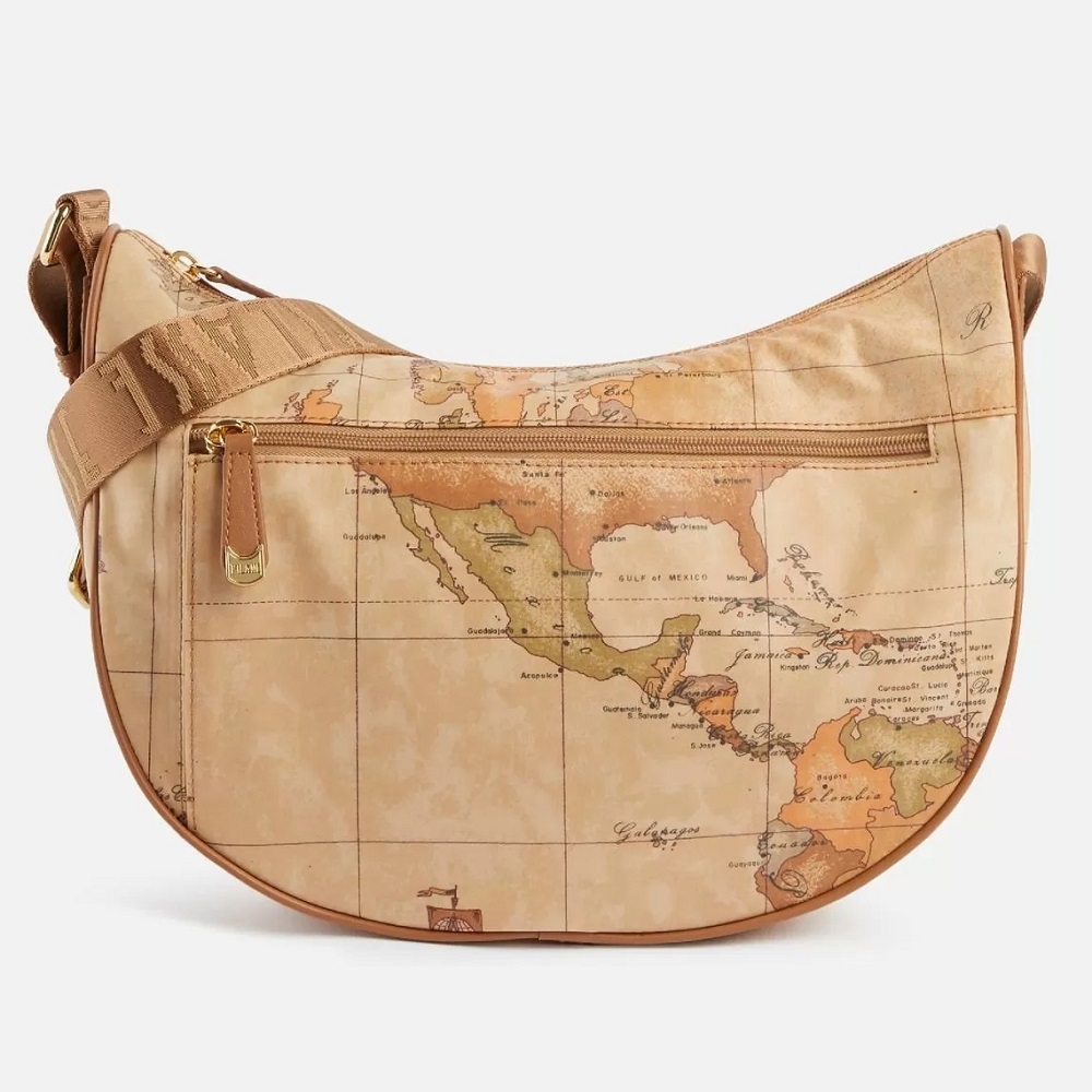 Alviero Martini 【 義大利地圖包】輕量尼龍水餃前口袋斜側背包36cm-地圖黃