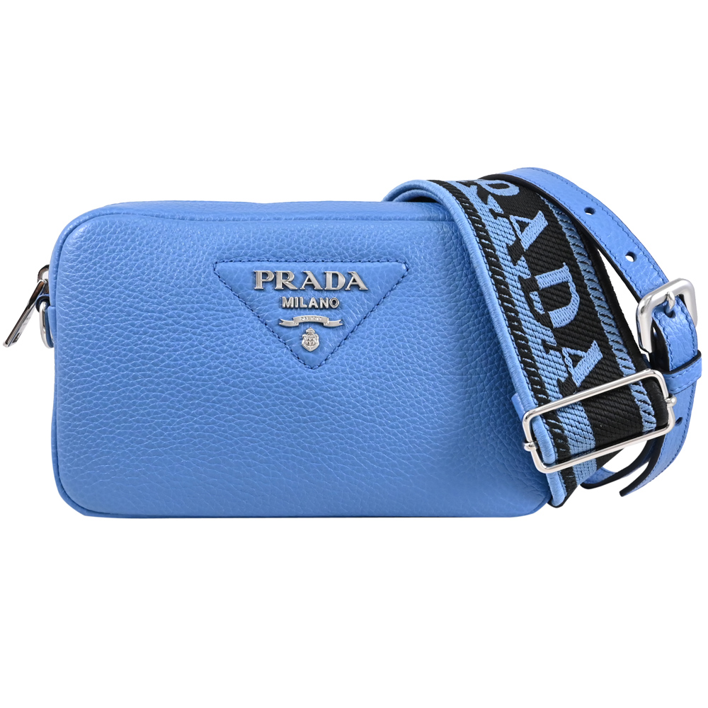PRADA 普拉達 三角浮雕LOGO雙背帶拉鍊斜背相機包.水藍