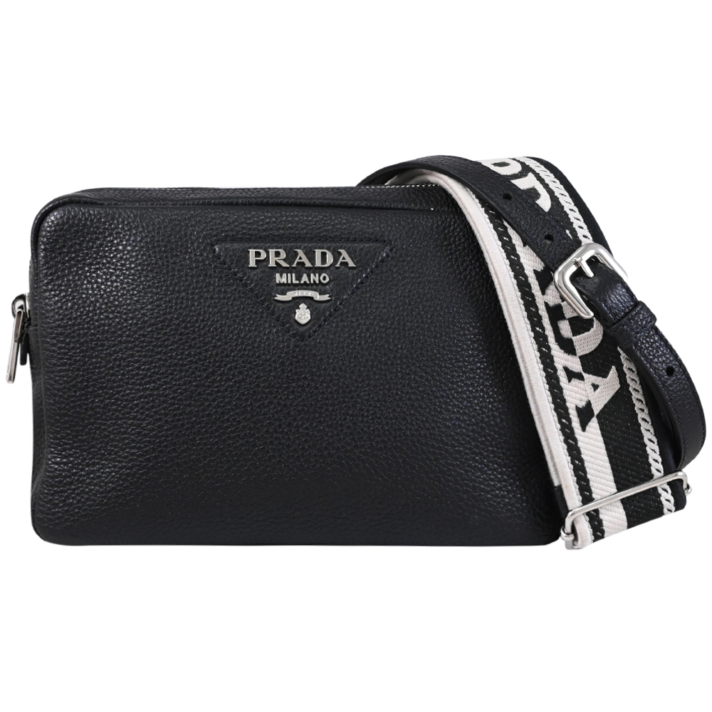 PRADA 普拉達 三角浮雕LOGO雙背帶雙層斜背相機包.黑