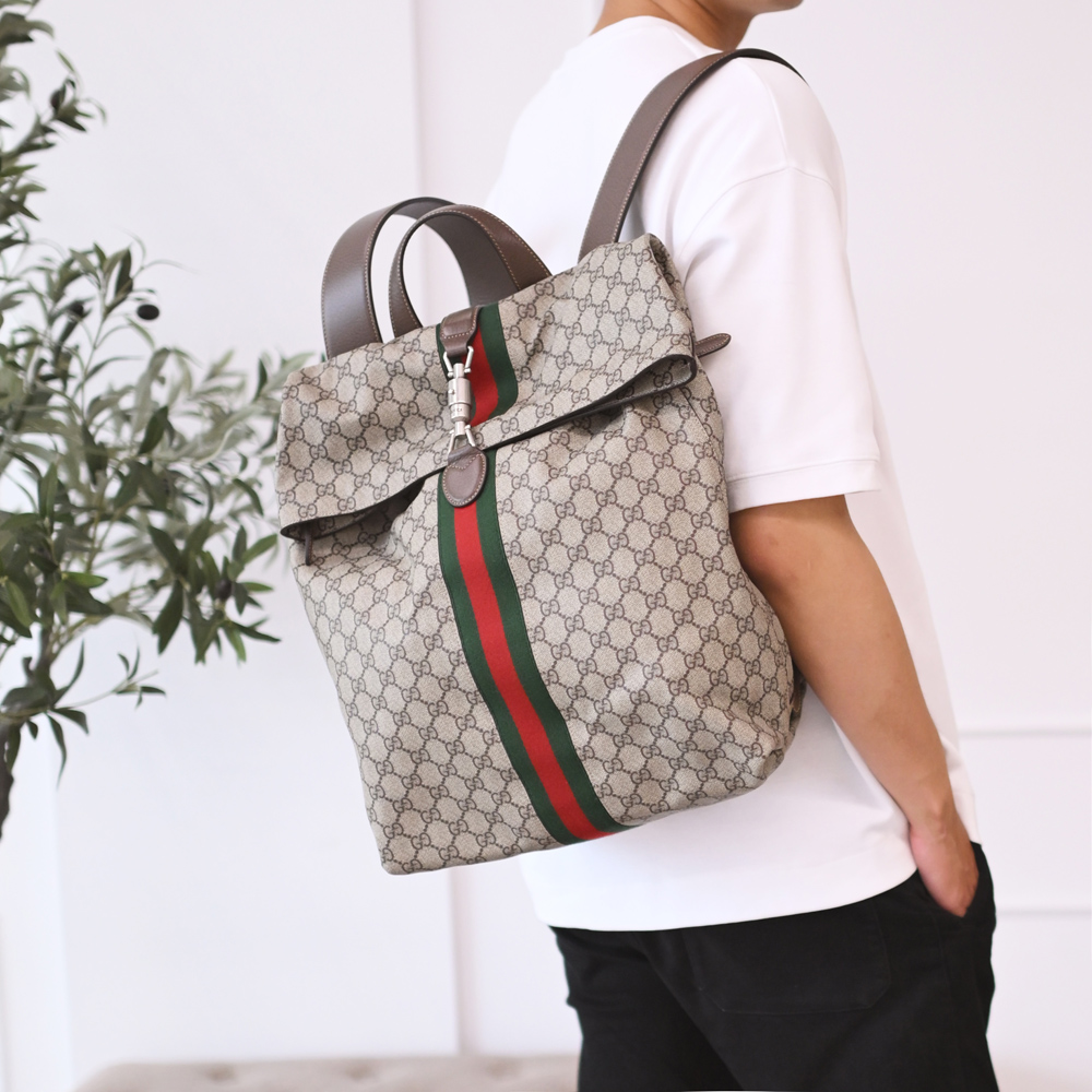 GUCCI 古馳 Jackie 1961 經典印花款商旅大後背包.咖邊
