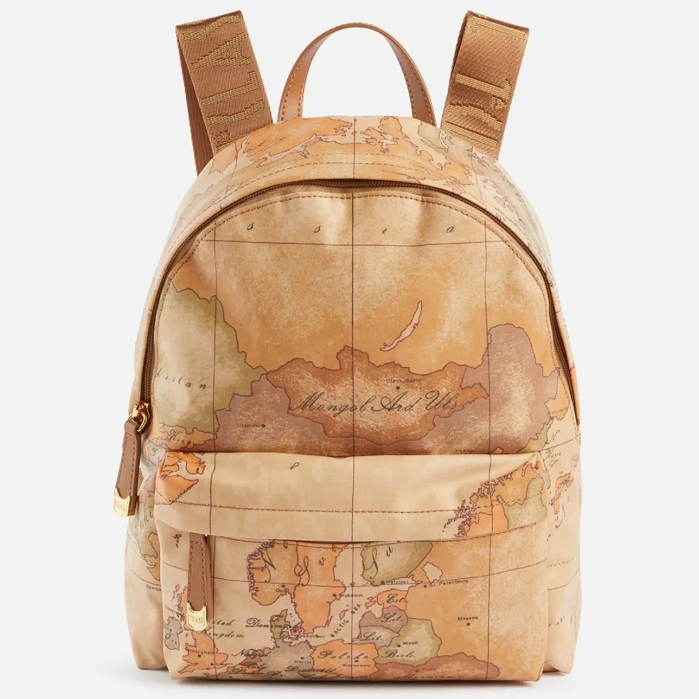 Alviero Martini 【 義大利地圖包】PU尼龍拉鍊後背包25cm-地圖黃