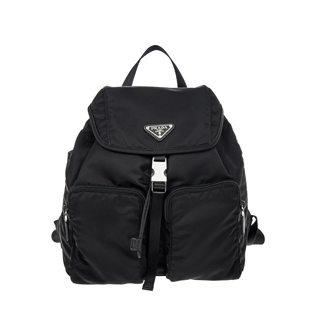 PRADA 經典三角牌LOGO單扣雙口袋束口尼龍後揹包 (黑色/小款)