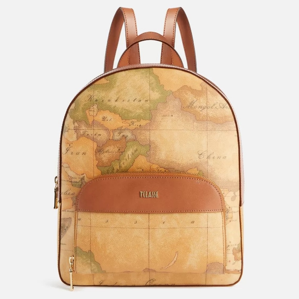 Alviero Martini 【 義大利地圖包】前口袋雙層拉鍊後背包30cm-地圖黃