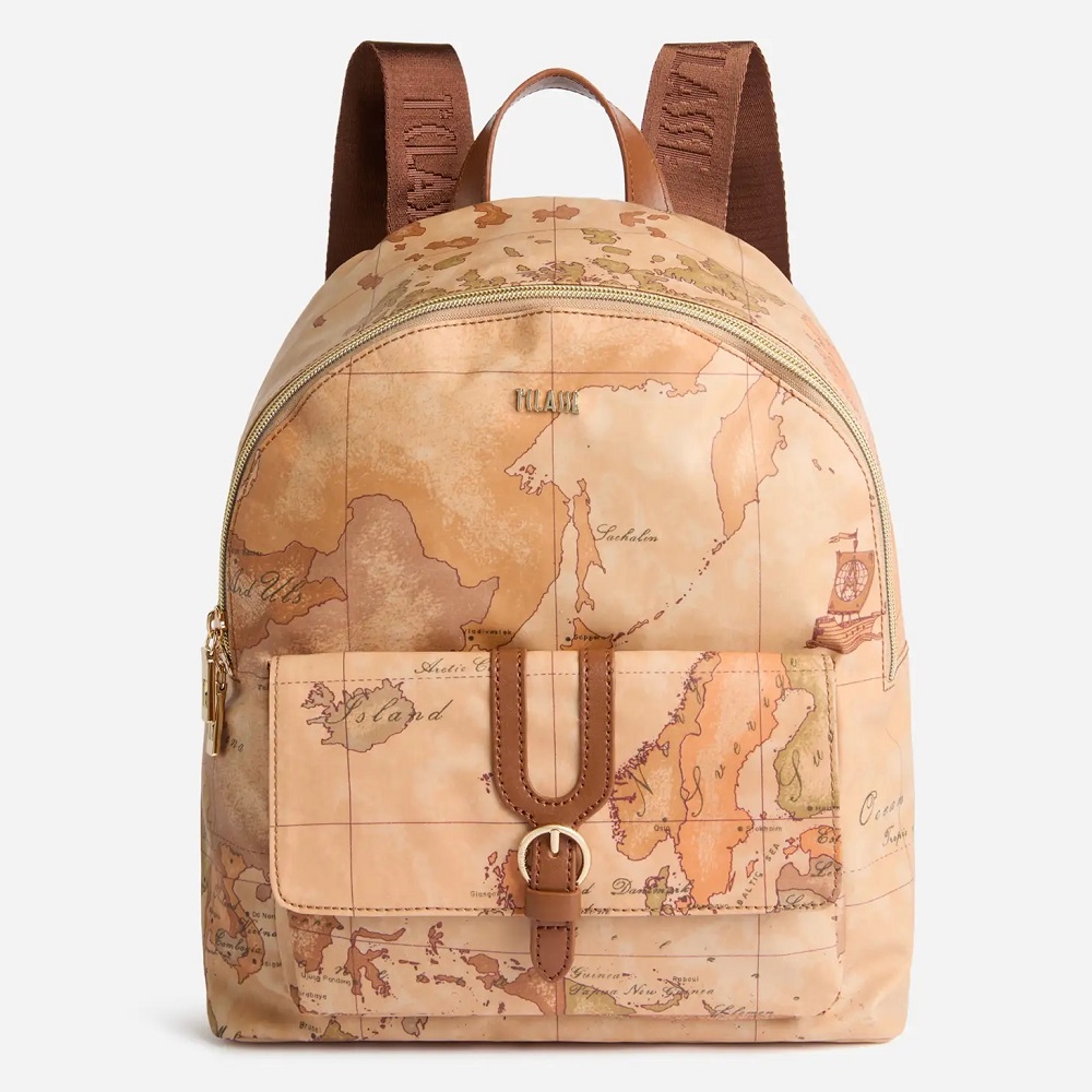 Alviero Martini 【 義大利地圖包】超輕量尼龍 前口袋拉鍊後背包31cm-地圖黃x咖啡色