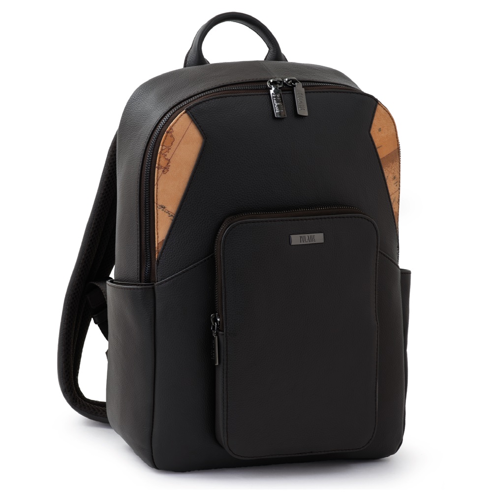 Alviero Martini 【 義大利地圖包】小牛皮14吋筆電拉鍊通勤後背包37cm-黑色