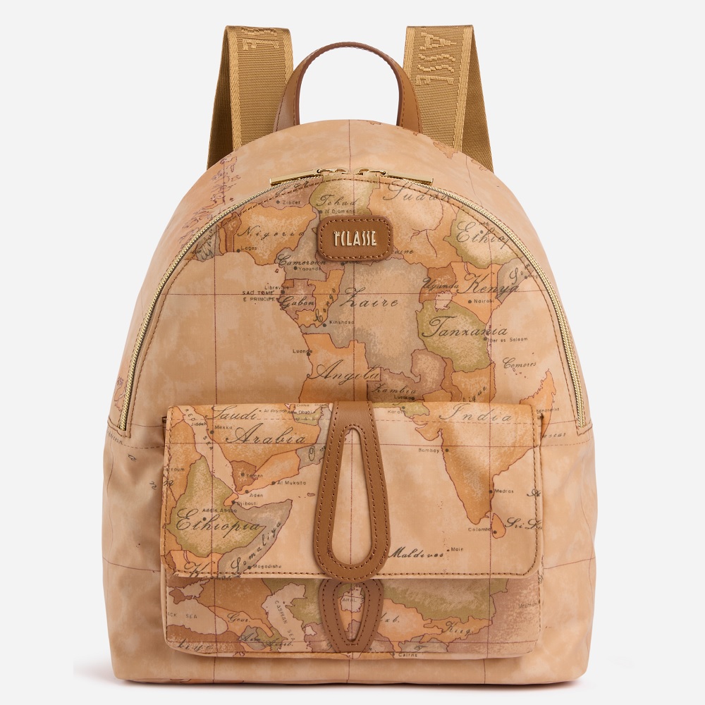 Alviero Martini 【 義大利地圖包】超輕量尼龍 前口袋拉鍊後背包30cm-地圖黃x咖啡色