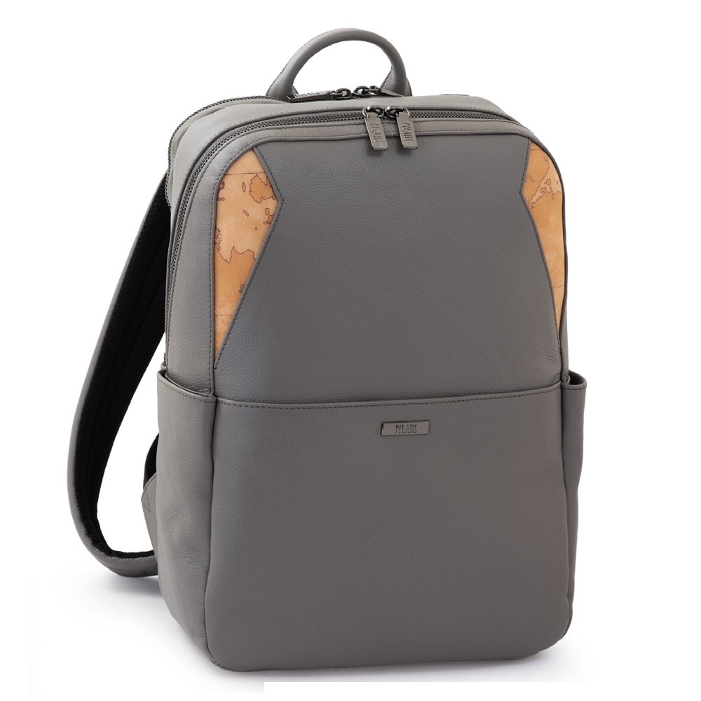 Alviero Martini 【 義大利地圖包】小牛皮14吋筆電拉鍊後背包37cm-大象灰