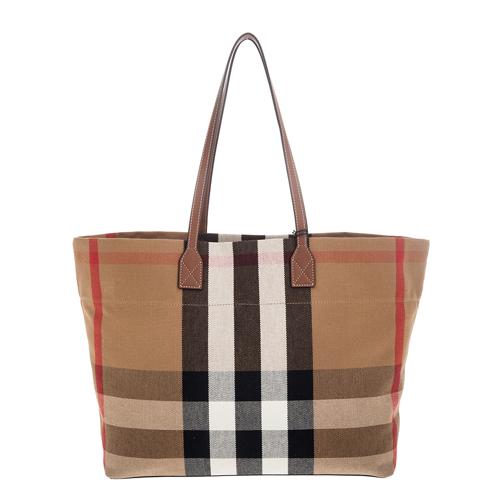 BURBERRY 經典格紋棉麻材質LONDON 肩背托特包(卡其色)