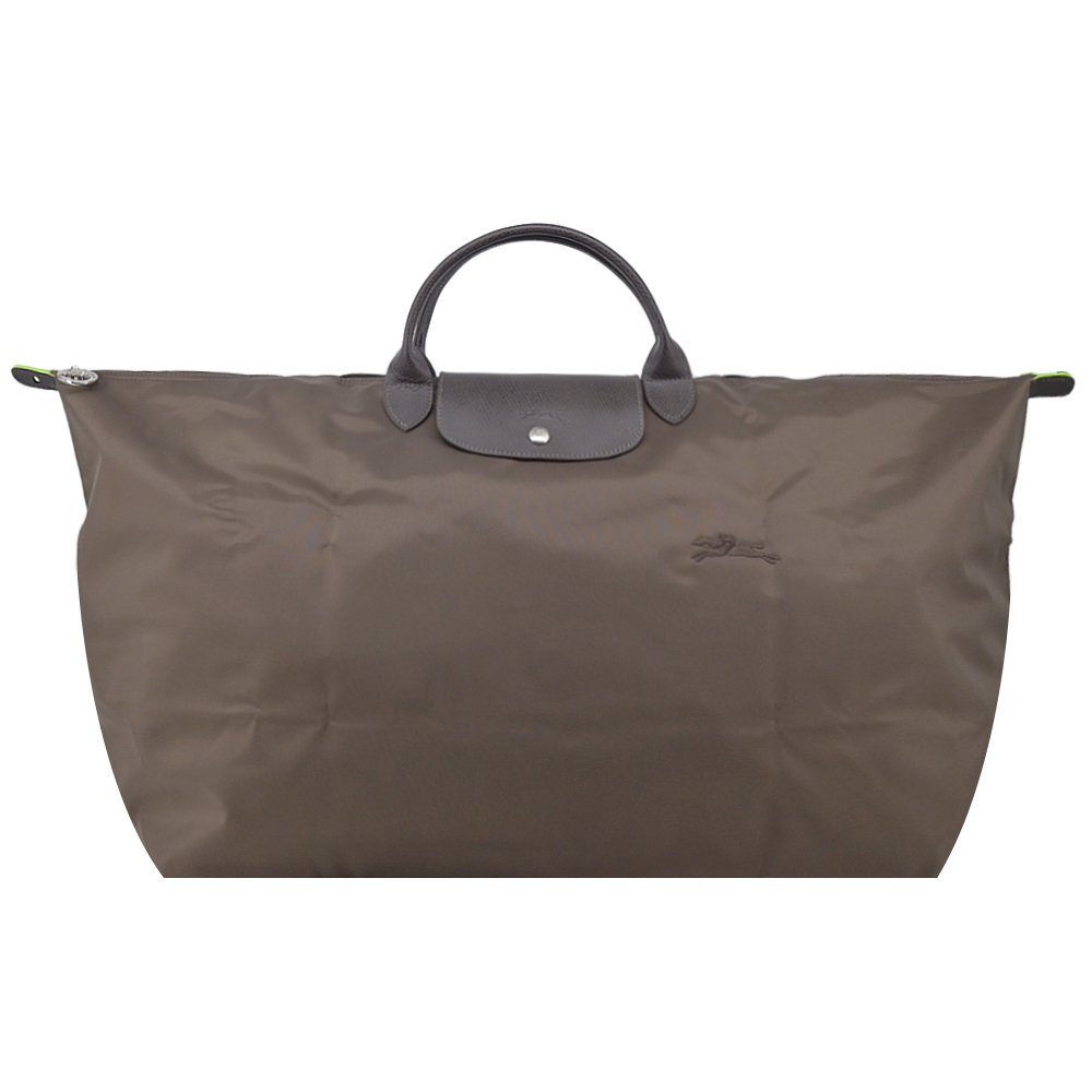LONGCHAMP LE PLIAGE GREEN系列刺繡短把再生尼龍摺疊旅行袋(中/大地棕)