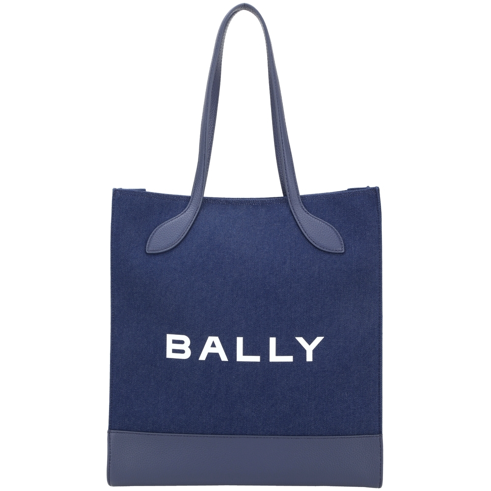 BALLY Bar Keep On Ns 帆布拼牛皮直式肩背托特包(丹寧藍)