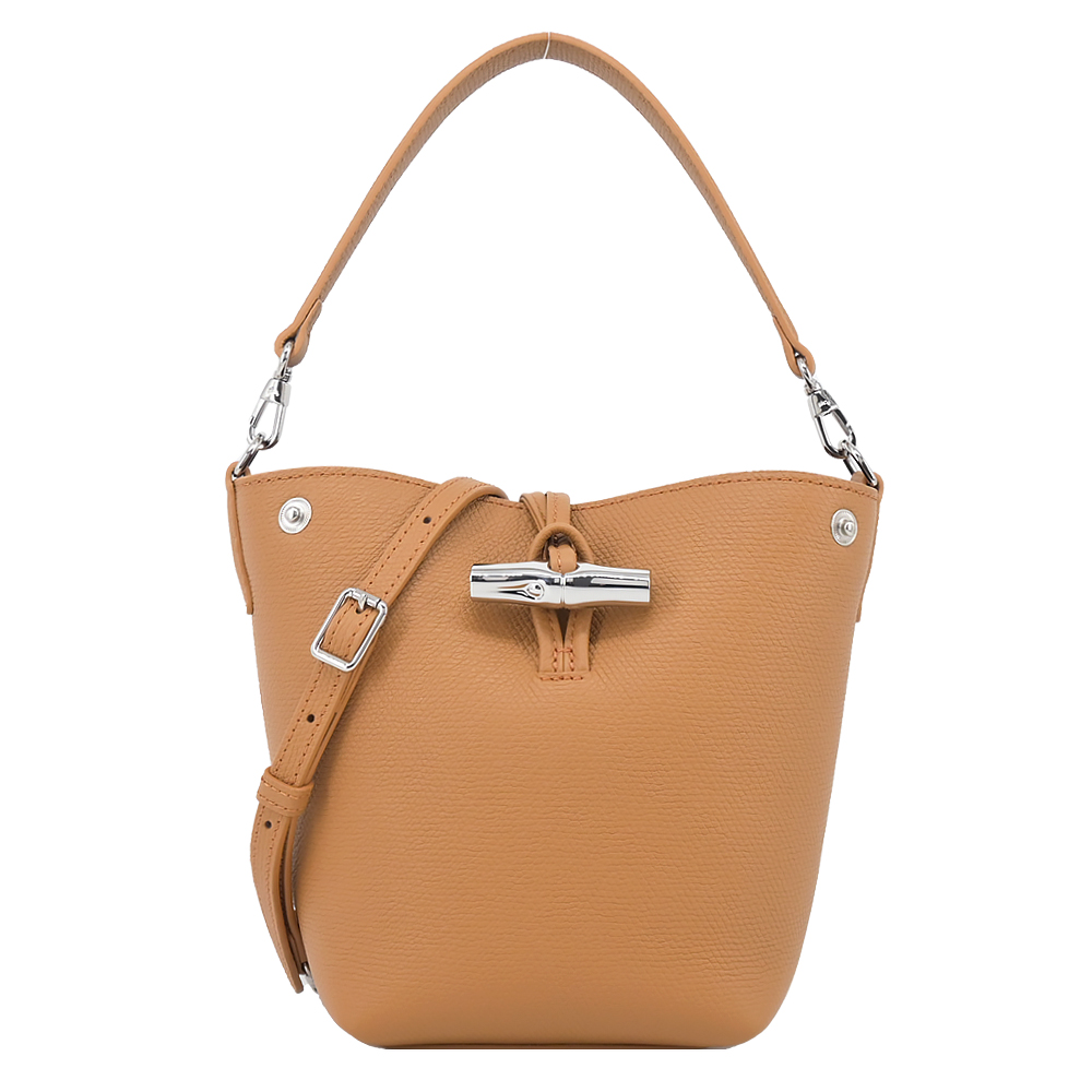 LONGCHAMP LE ROSEAU系列金屬竹節粒面牛皮兩用水桶包(迷你/胡桃棕)