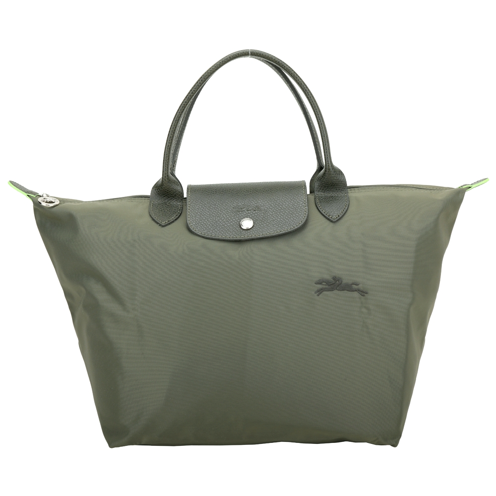 LONGCHAMP Le Pliage Green 中款 奔馬刺繡短提把水餃包(森林綠)