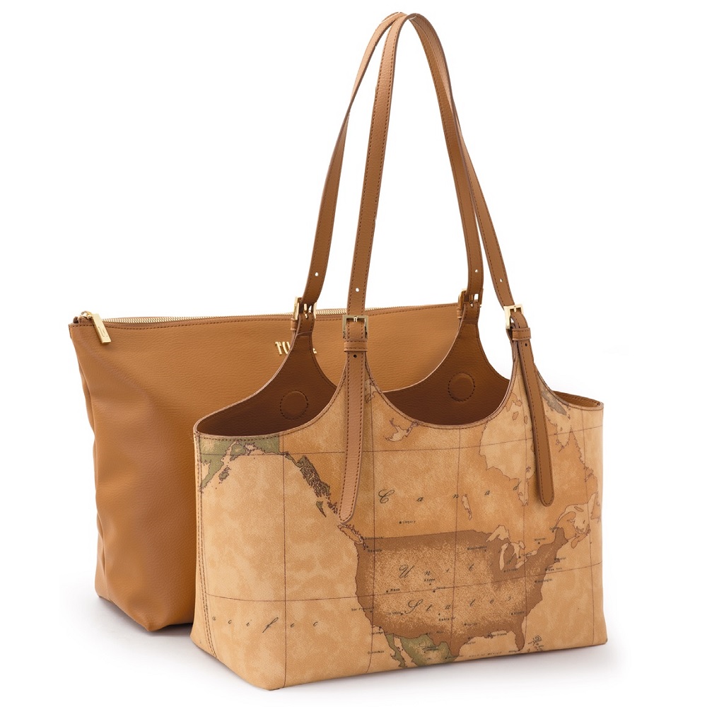 Alviero Martini 【 義大利地圖包】經典地圖 附內膽長把子母大側背包42cm-地圖黃