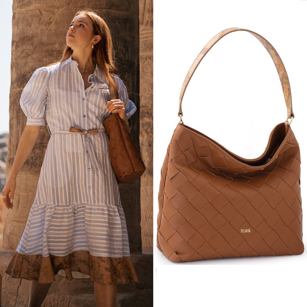 Alviero Martini 【 義大利地圖包】牛皮編織格紋單把側背包31cm-咖啡色