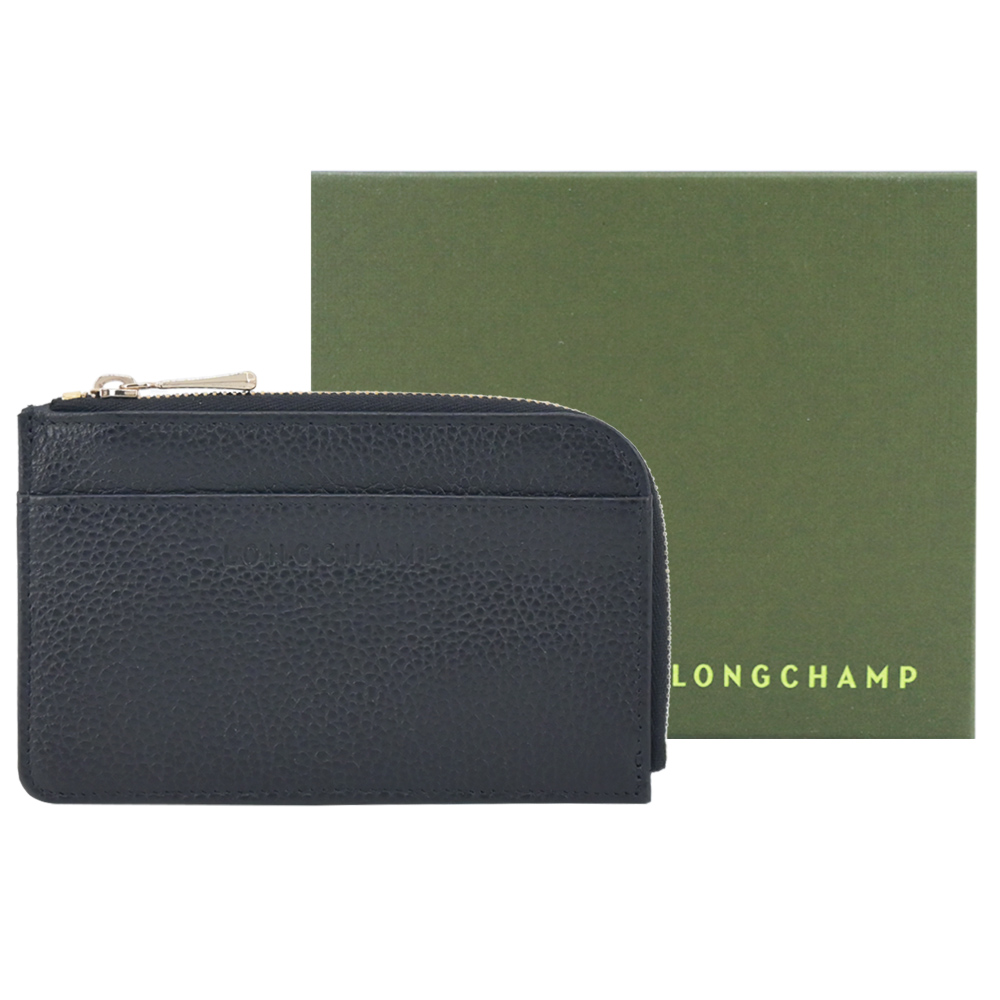 LONGCHAMP LE FOULONNÉ系列牛皮卡片零錢包(黑)