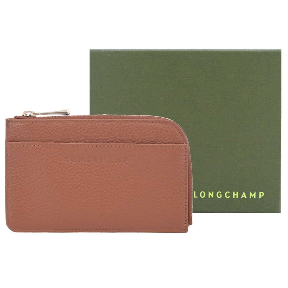 LONGCHAMP LE FOULONNÉ系列牛皮卡片零錢包(焦糖)