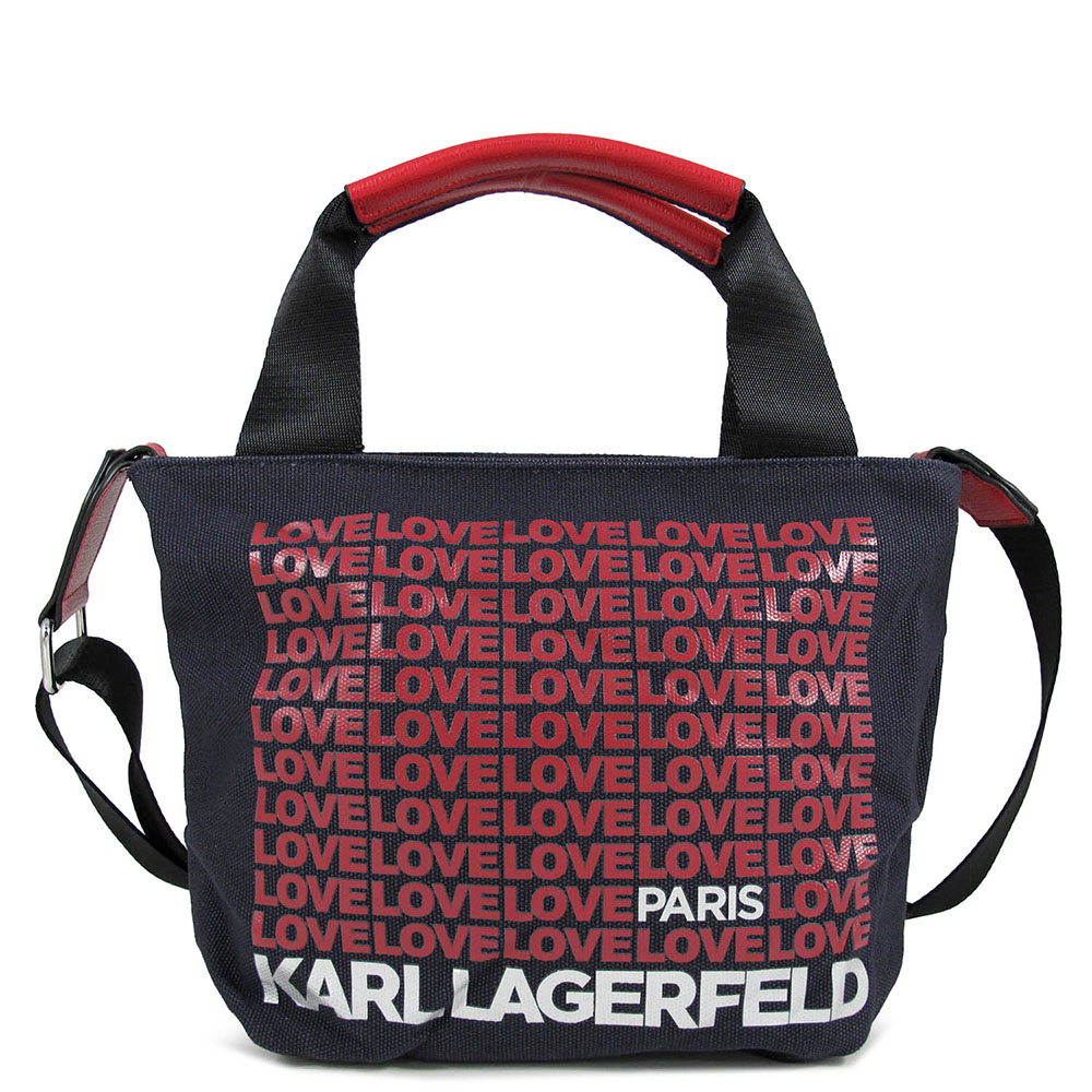 KARL LAGERFELD 愛在巴黎字母黑色厚織帆布兩用小托特包