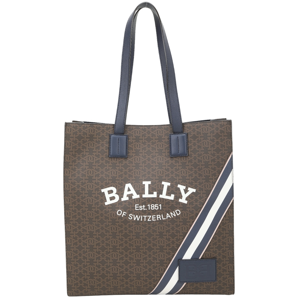BALLY CRYSTALIA 字母老花帆布拼色條紋手提托特包(咖啡x藍色)