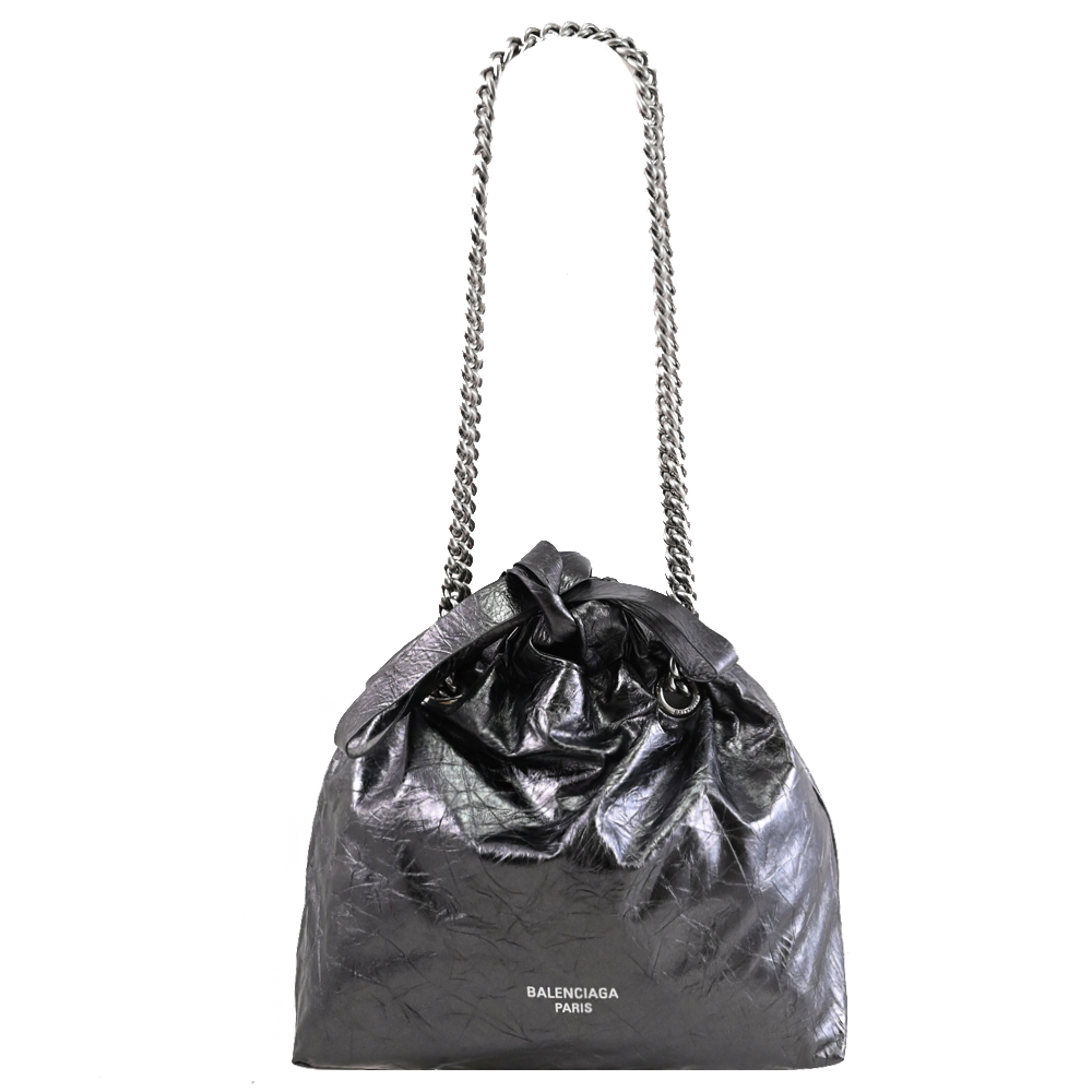 BALENCIAGA 巴黎世家 CRUSH TOTE 揉製牛皮托特鍊包.灰銀S