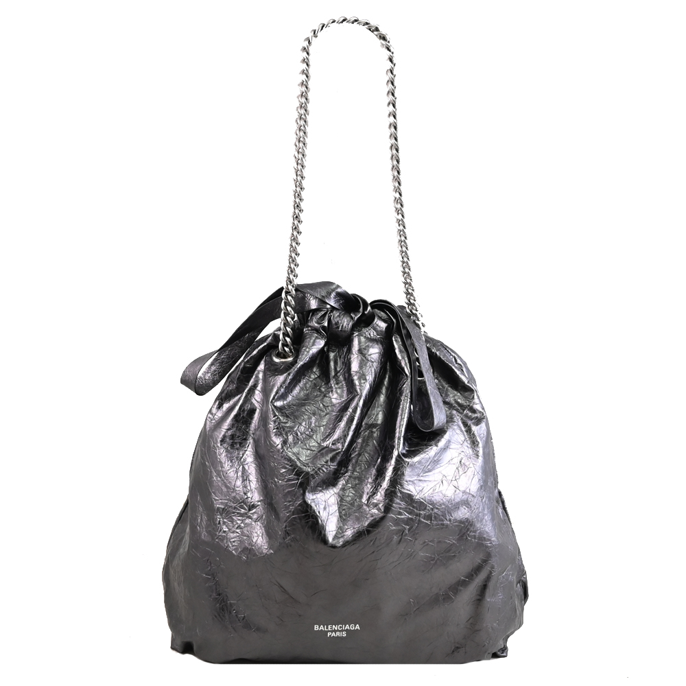 BALENCIAGA 巴黎世家 CRUSH TOTE 揉製牛皮中型托特鍊包.灰銀