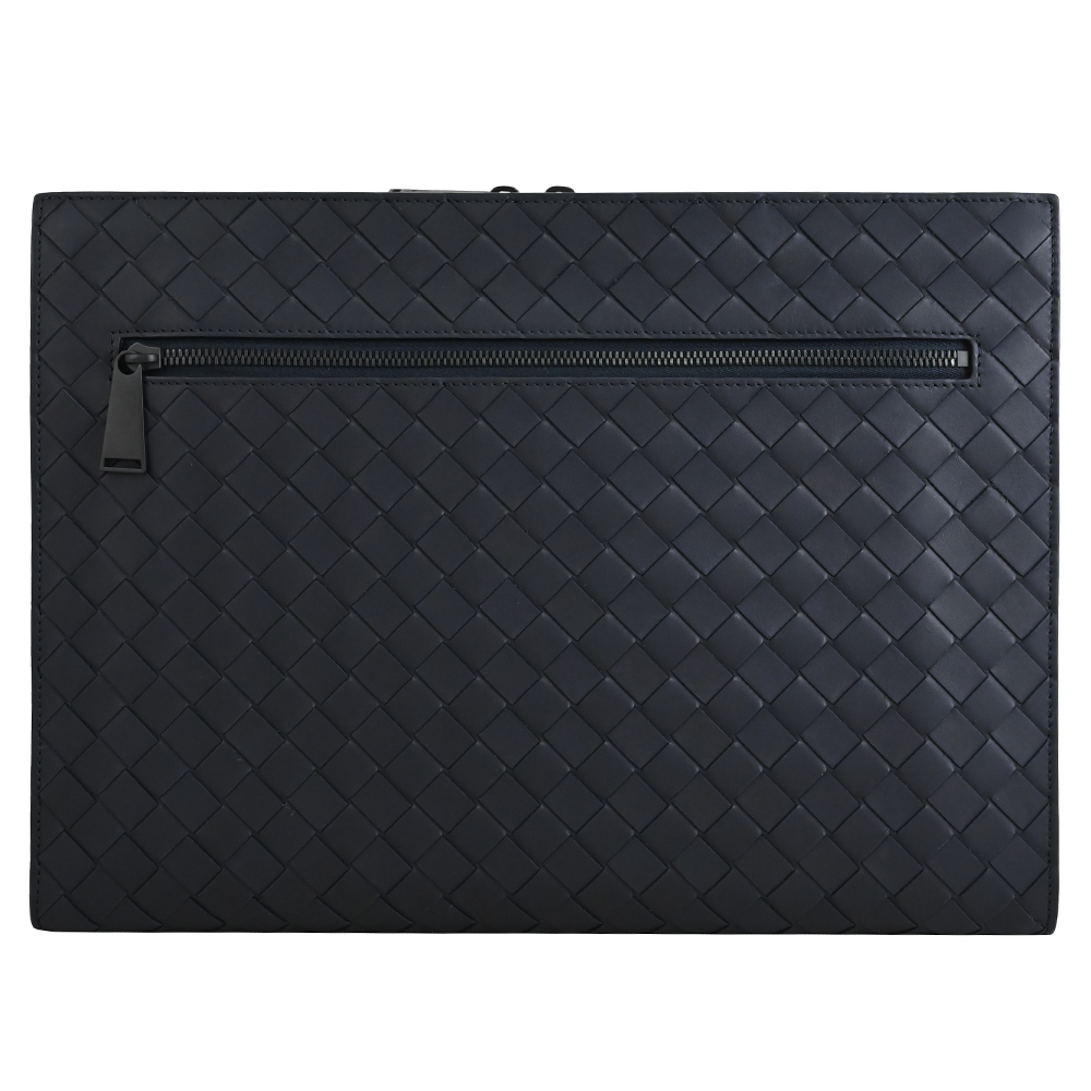 BOTTEGA VENETA 603432 經典編織款牛皮拉鍊大手拿包.藍黑