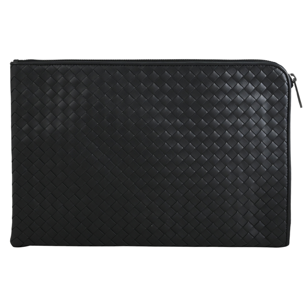 BOTTEGA VENETA 224052 經典編織款小牛皮拉鍊大手拿包.黑