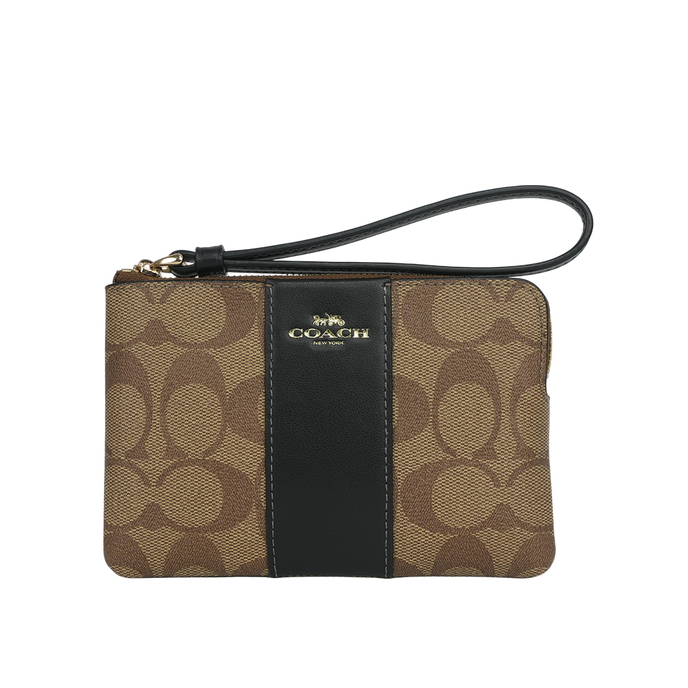 COACH 塗層帆布及再生皮革L 型拉鍊手拿包(卡其/黑色) CS602 IMCBI